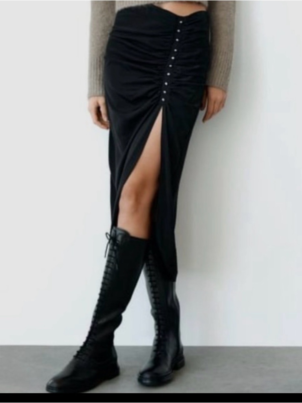 Zara Black Ruched Midi Skirt with Front Button Detail